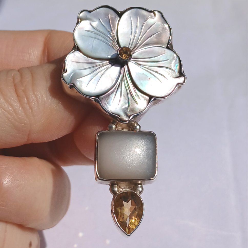 Handmade Sterling Silver Pendant Mother Of Pearl Flower Moonstone & Citrine